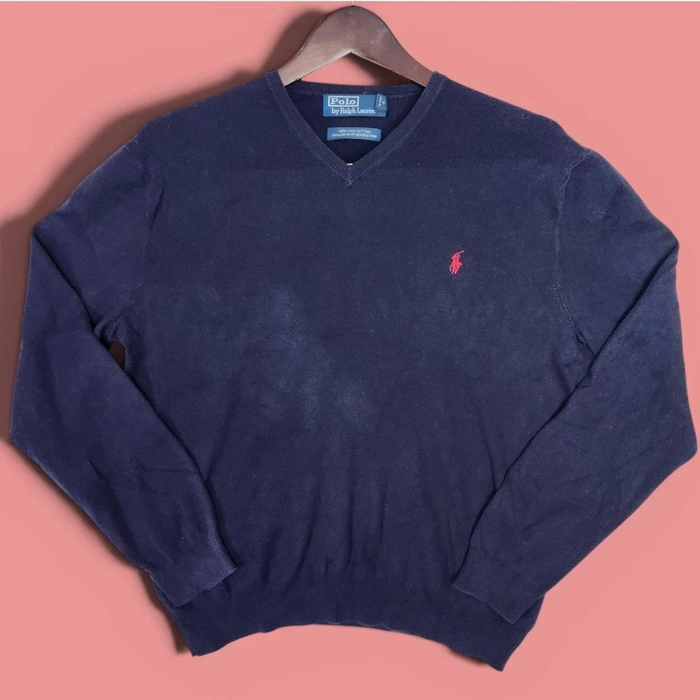 Polo Ralph Lauren Navy 100% Pima Cotton V-Neck Sweater Red Pony Preppy M